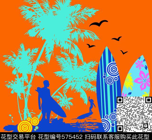 热带海边冲浪热带风景胸前独幅传统印花华亿平台下载（图片编号: 575452） - 瓦栏（Walan）