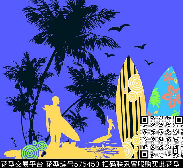 热带海边冲浪热带风景胸前独幅传统印花华亿平台下载（图片编号: 575453） - 瓦栏（Walan）