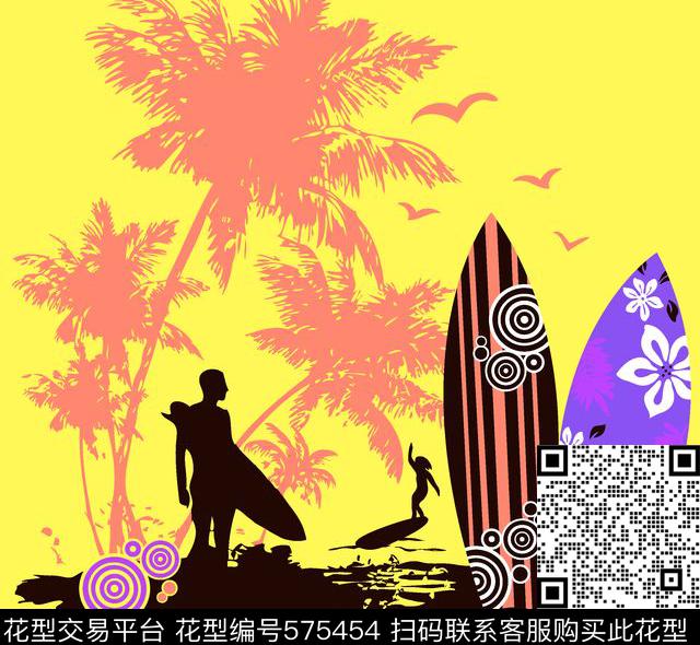 热带海边冲浪热带风景胸前独幅传统印花华亿平台下载（图片编号: 575454） - 瓦栏（Walan）