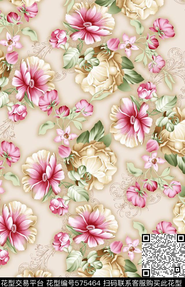 原创手绘玫瑰花大花朵数码印花华亿平台下载（图片编号: 575464） - 瓦栏（Walan）