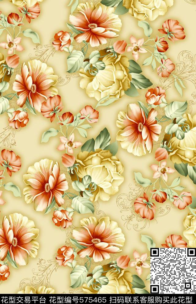 原创手绘玫瑰花大花朵数码印花华亿平台下载（图片编号: 575465） - 瓦栏（Walan）