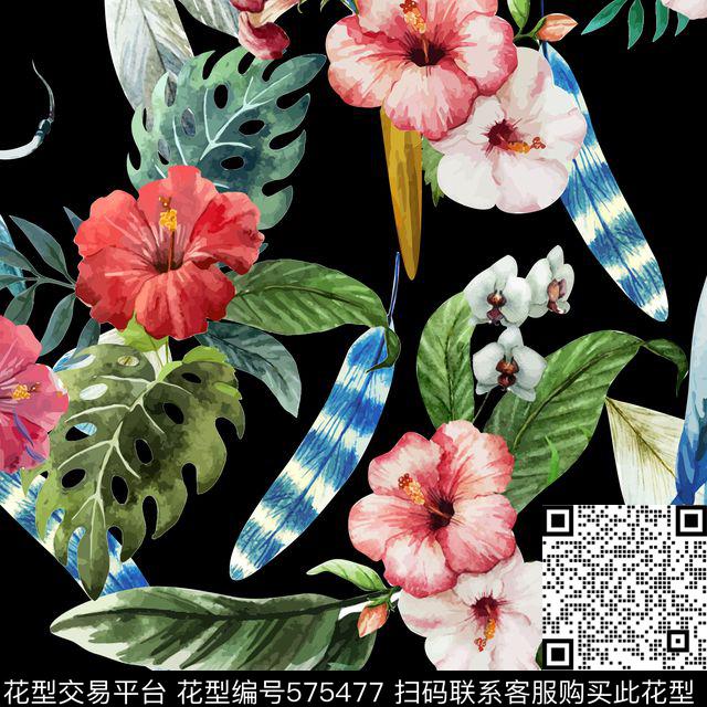 鸟类花卉写意传统印花华亿平台下载（图片编号: 575477） - 瓦栏（Walan）