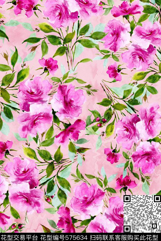 时尚潮流花卉水彩数码印花华亿平台下载（图片编号: 575634） - 瓦栏（Walan）