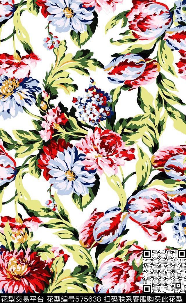 黑白花卉家纺女装连衣裙传统印花华亿平台下载（图片编号: 575638） - 瓦栏（Walan）