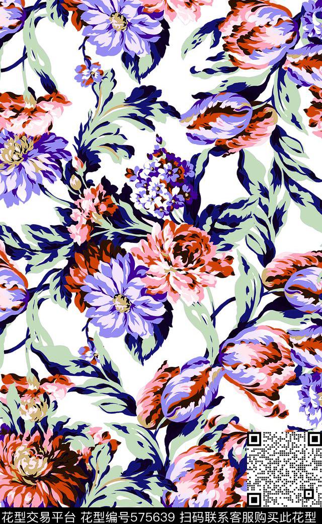 欧美流行清新花卉数码印花数码印花华亿平台下载（图片编号: 575639） - 瓦栏（Walan）