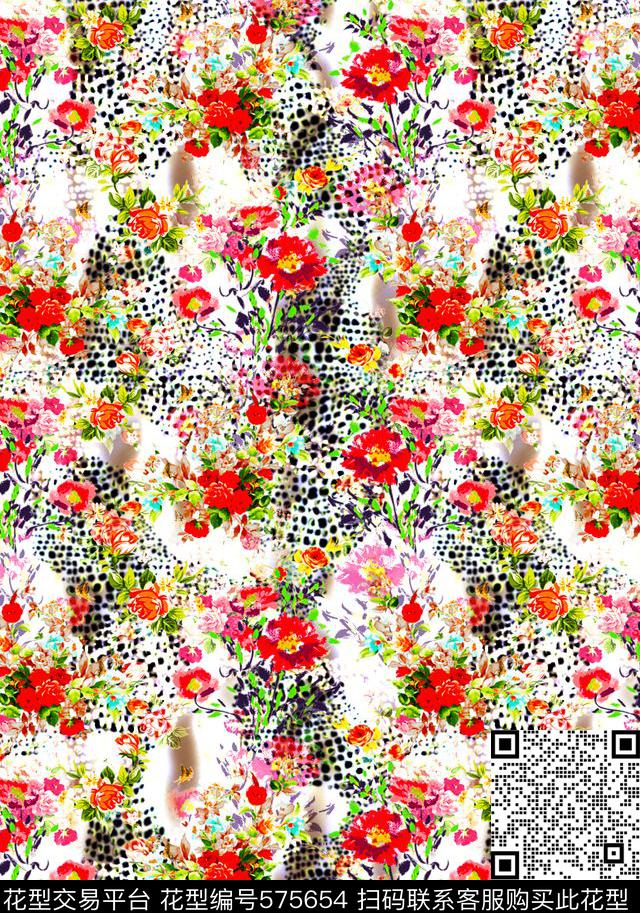 豹纹油画花卉组合华亿平台潮流时尚动物纹数码印花华亿平台下载（图片编号: 575654） - 瓦栏（Walan）