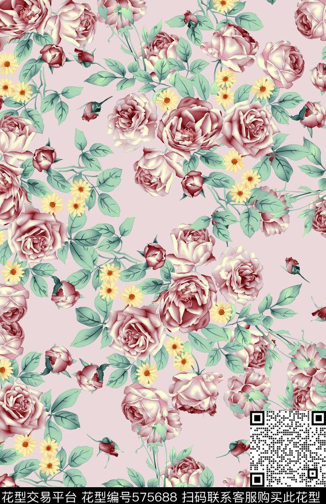 粉晶静谧蓝玫瑰花传统印花华亿平台下载（图片编号: 575688） - 瓦栏（Walan）