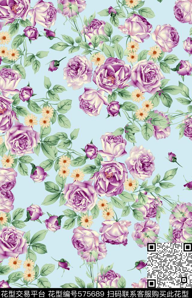 手绘玫瑰花女装数码印花华亿平台下载（图片编号: 575689） - 瓦栏（Walan）