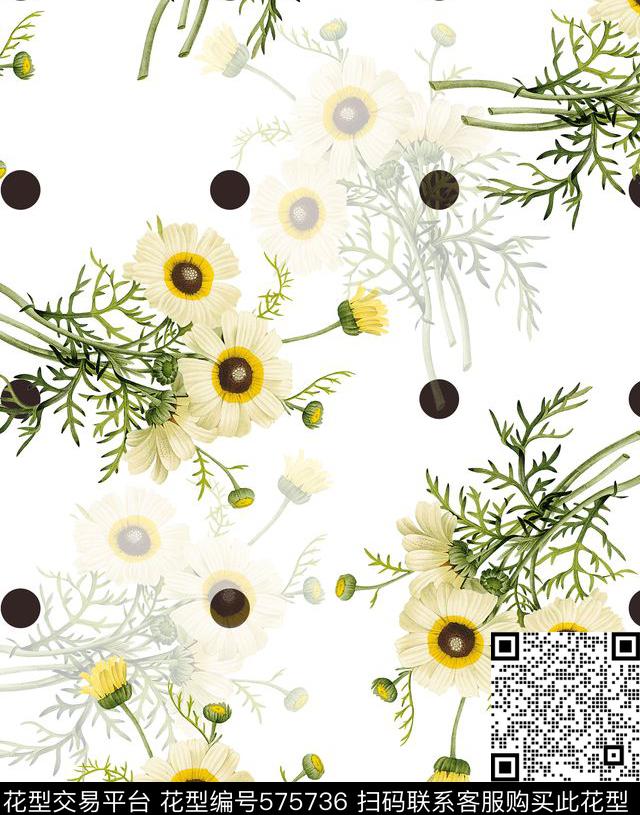 菊花清新圆点数码印花华亿平台下载（图片编号: 575736） - 瓦栏（Walan）