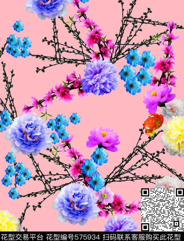 旗袍牡丹花桃花数码印花华亿平台下载（图片编号: 575934） - 瓦栏（Walan）
