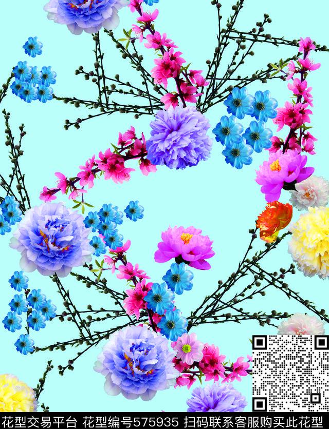 旗袍牡丹花桃花数码印花华亿平台下载（图片编号: 575935） - 瓦栏（Walan）