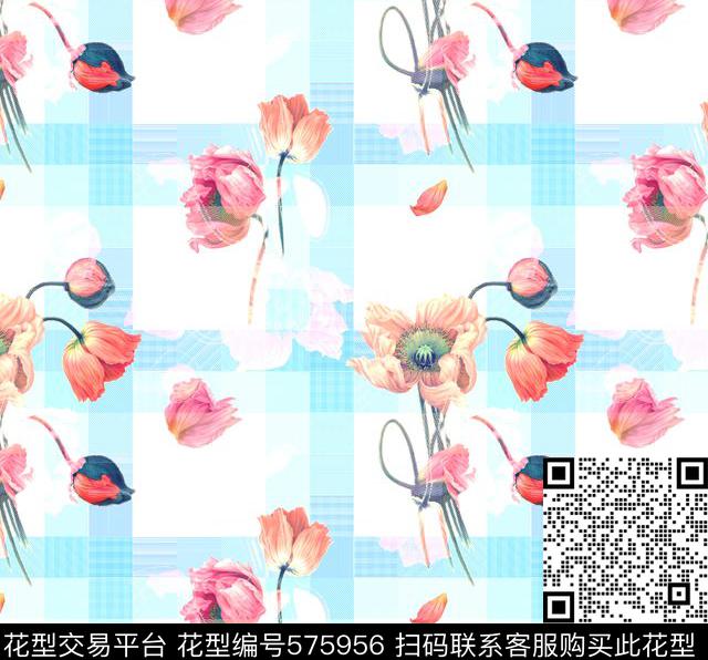 清新复古混搭复古花卉手绘花卉线描花卉格子条格格纹叠加数码印花华亿平台下载（图片编号: 575956） - 瓦栏（Walan）