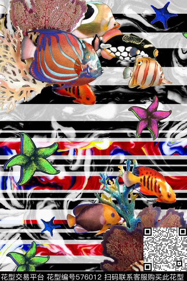 海洋风鱼珊瑚贝壳数码印花华亿平台下载（图片编号: 576012） - 瓦栏（Walan）