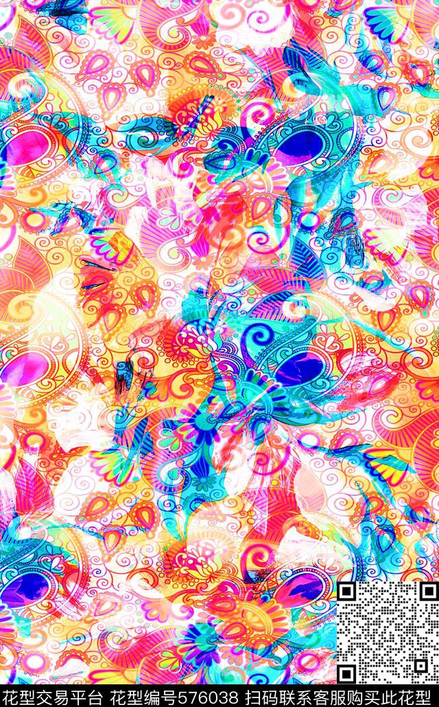 抽象佩斯利涡旋纹腰果花数码印花华亿平台下载（图片编号: 576038） - 瓦栏（Walan）