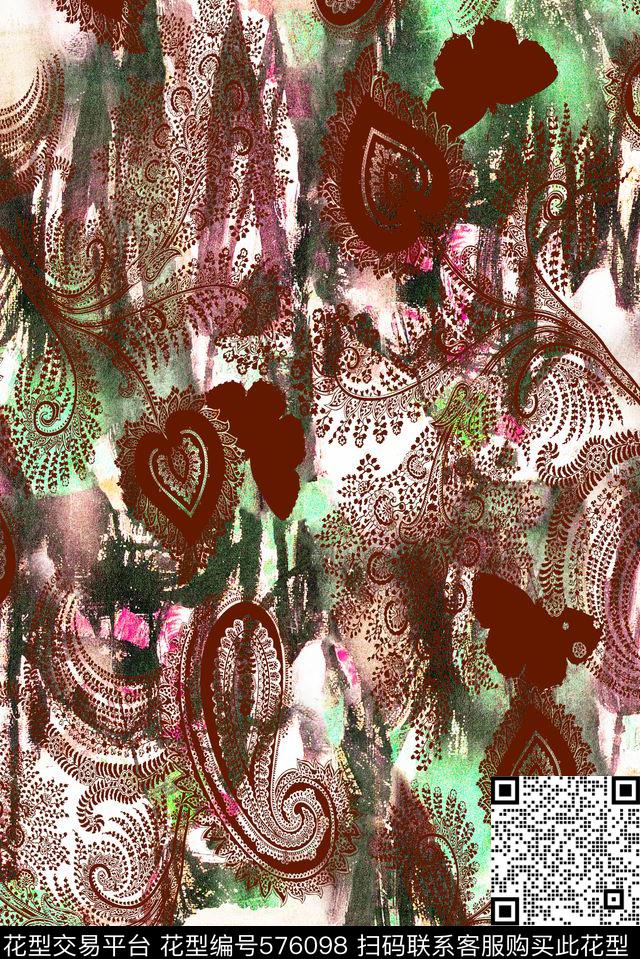 酒红佩兹利肌理数码印花华亿平台下载（图片编号: 576098） - 瓦栏（Walan）