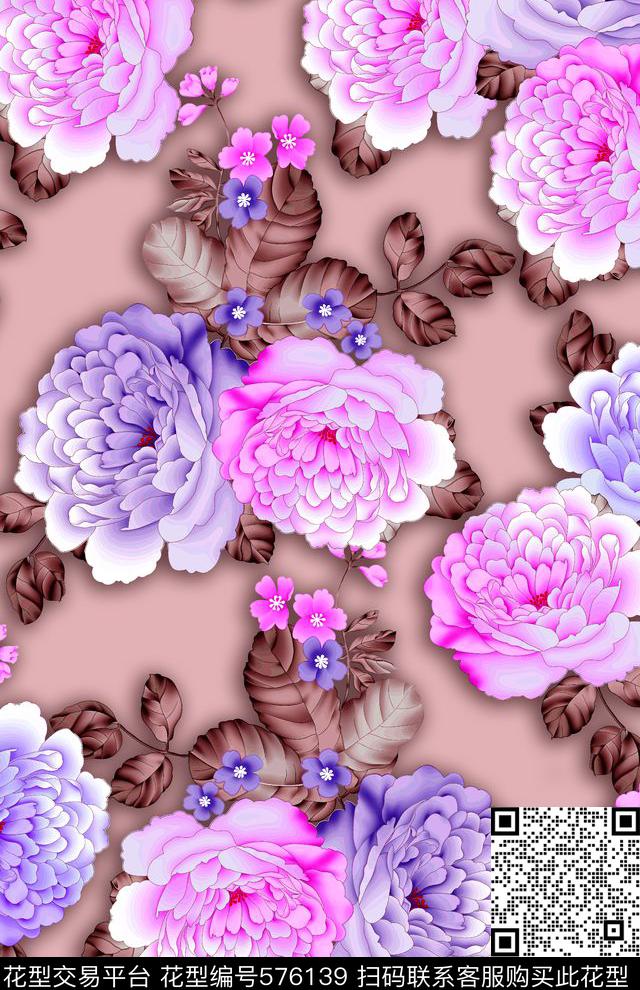 玫瑰大花花卉数码印花华亿平台下载（图片编号: 576139） - 瓦栏（Walan）