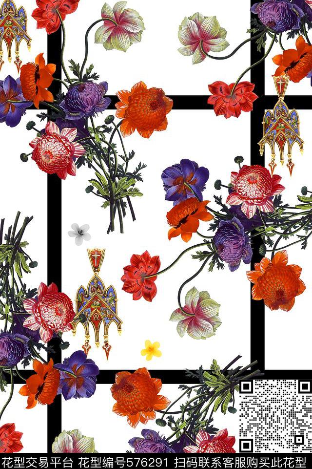 花卉几何花朵数码印花华亿平台下载（图片编号: 576291） - 瓦栏（Walan）