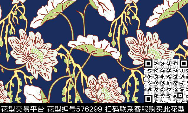 民族风手绘荷花传统印花华亿平台下载（图片编号: 576299） - 瓦栏（Walan）