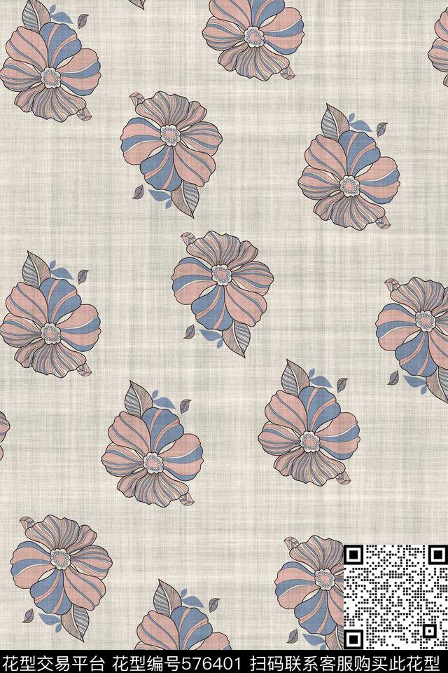 粉蓝工笔数码印花数码印花华亿平台下载（图片编号: 576401） - 瓦栏（Walan）