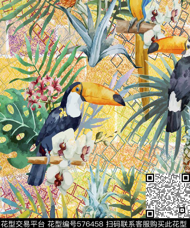 花鸟热带风情鹦鹉数码印花华亿平台下载（图片编号: 576458） - 瓦栏（Walan）