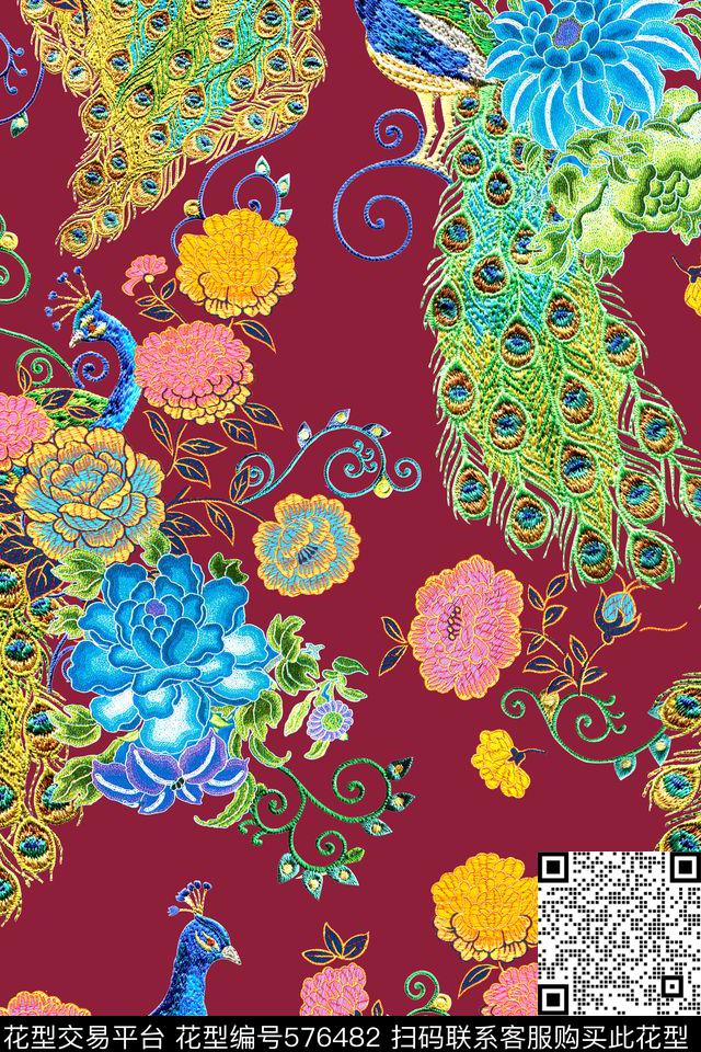 孔雀时尚绣花数码印花华亿平台下载（图片编号: 576482） - 瓦栏（Walan）