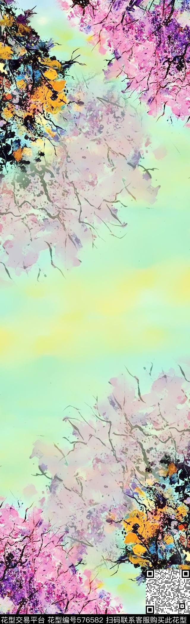 手绘水彩风景数码印花华亿平台下载（图片编号: 576582） - 瓦栏（Walan）