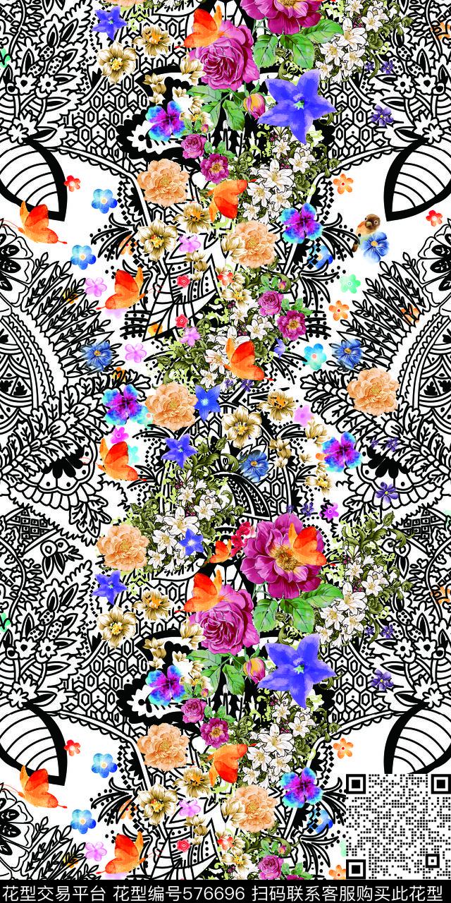 中国风花卉花卉拼接传统印花华亿平台下载（图片编号: 576696） - 瓦栏（Walan）