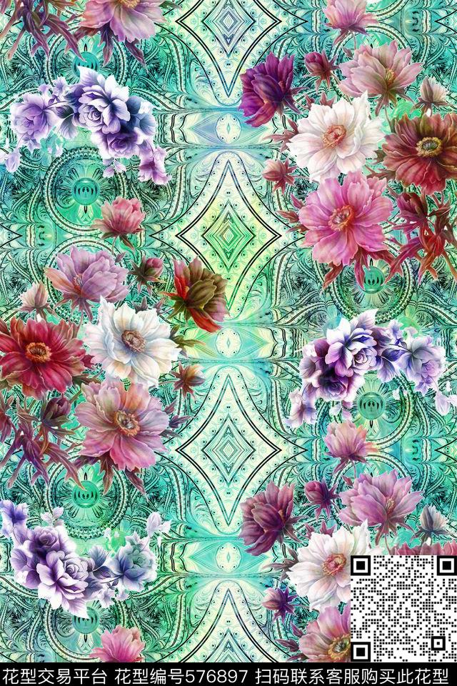 复古花卉窗帘数码印花华亿平台下载（图片编号: 576897） - 瓦栏（Walan）