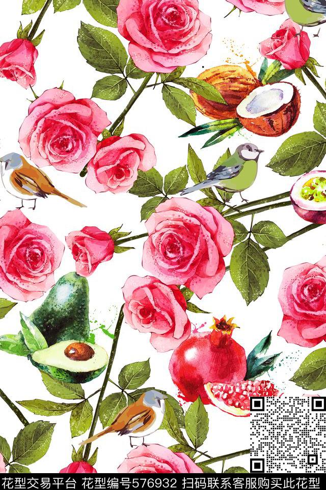 玫瑰花鸟花朵数码印花华亿平台下载（图片编号: 576932） - 瓦栏（Walan）
