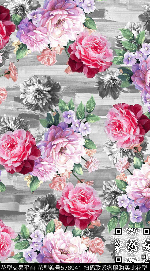创意时尚小清新花卉喷绘满版黑白剪影花素雅配色服装面料数码印花华亿平台下载（图片编号: 576941） - 瓦栏（Walan）