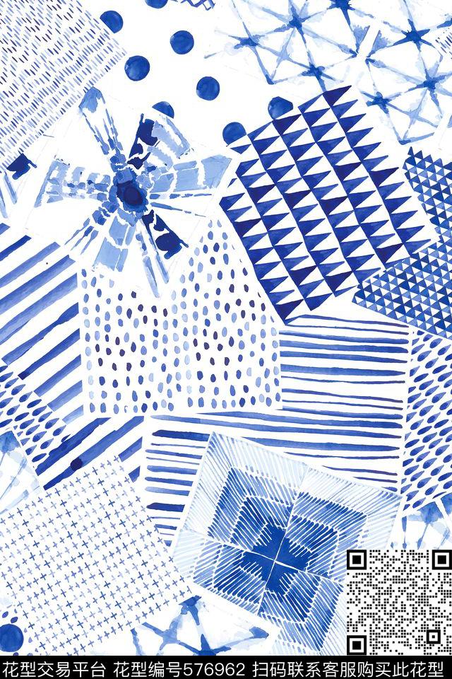 几何水墨图蓝色几何拼接数码印花华亿平台下载（图片编号: 576962） - 瓦栏（Walan）