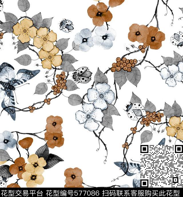 插画蝴蝶花卉数码印花华亿平台下载（图片编号: 577086） - 瓦栏（Walan）