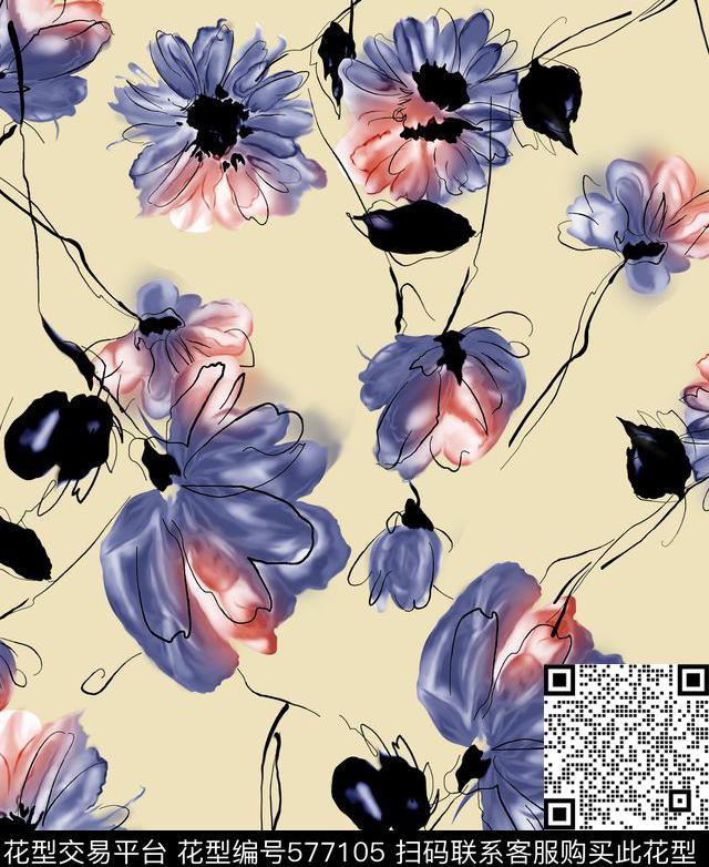 2016大牌秀场手绘花卉数码印花华亿平台下载（图片编号: 577105） - 瓦栏（Walan）