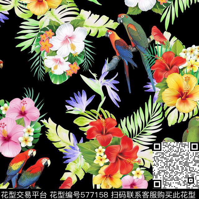 写意鸟类花卉数码印花华亿平台下载（图片编号: 577158） - 瓦栏（Walan）