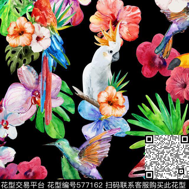 写意鸟类花卉数码印花华亿平台下载（图片编号: 577162） - 瓦栏（Walan）