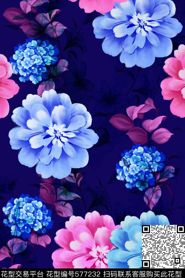 绣球花牡丹花朵数码印花华亿平台下载（图片编号: 577232） - 瓦栏（Walan）