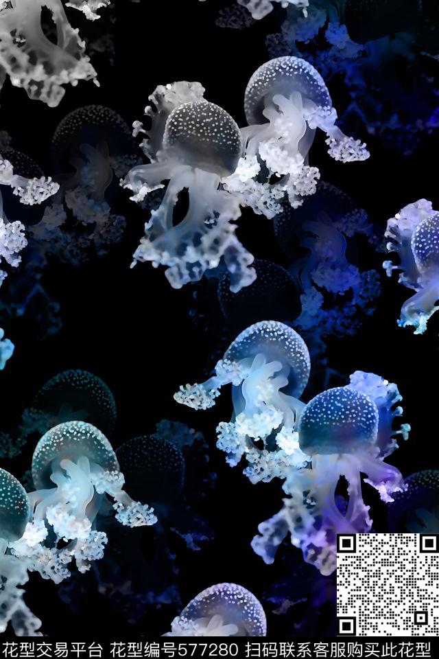 海洋生物渐变水彩水母数码印花华亿平台下载（图片编号: 577280） - 瓦栏（Walan）