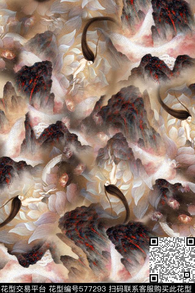 古典山水画抽象数码印花华亿平台下载（图片编号: 577293） - 瓦栏（Walan）