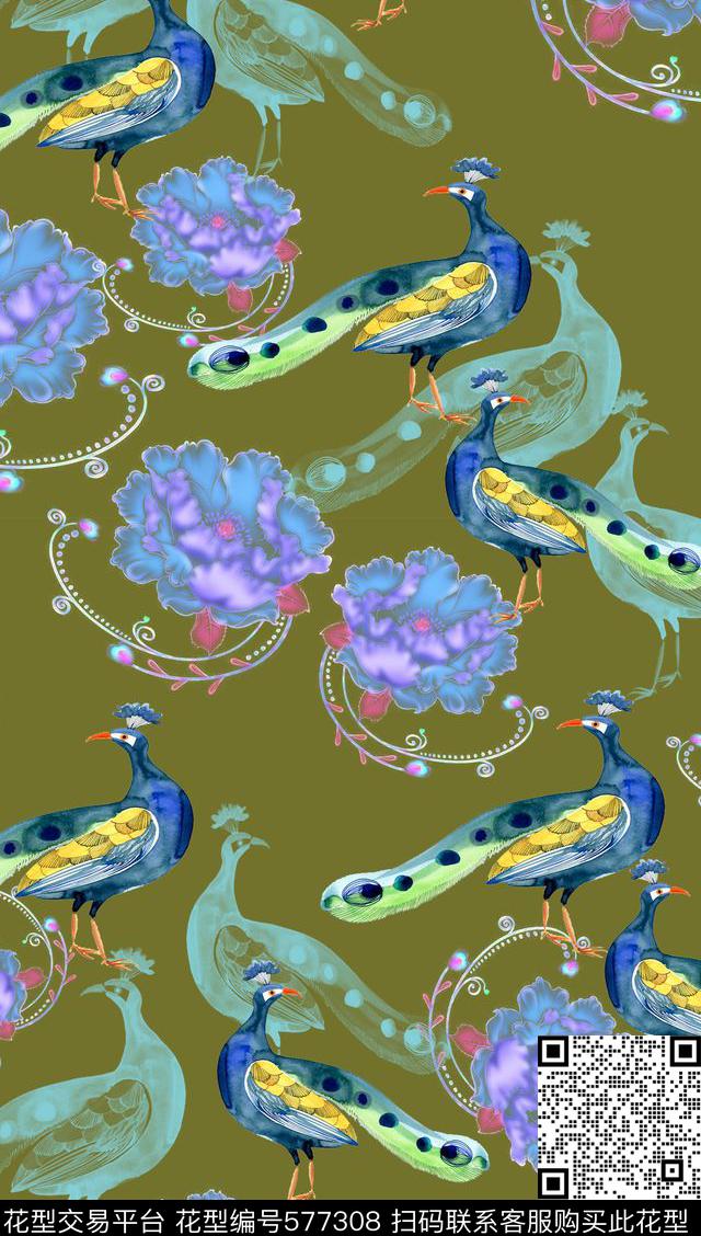 多色家纺孔雀数码印花华亿平台下载（图片编号: 577308） - 瓦栏（Walan）