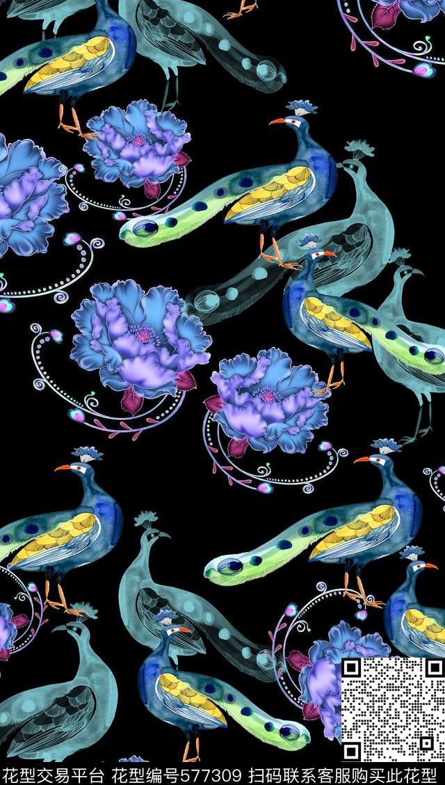 多色家纺孔雀数码印花华亿平台下载（图片编号: 577309） - 瓦栏（Walan）