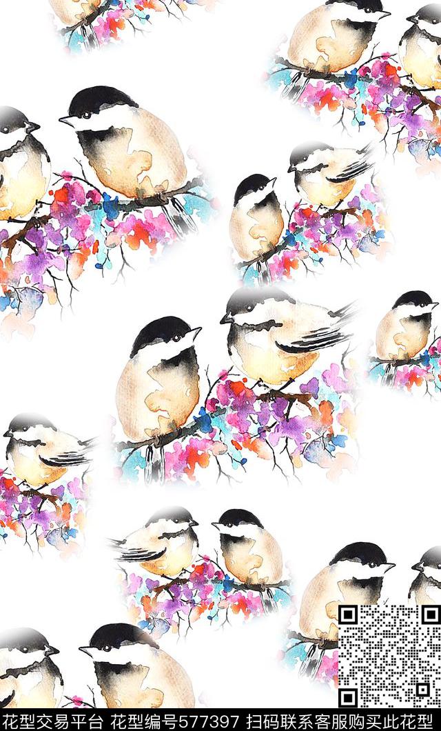 鸟昆虫图案时尚俏丽手绘水彩数码印花华亿平台下载（图片编号: 577397） - 瓦栏（Walan）