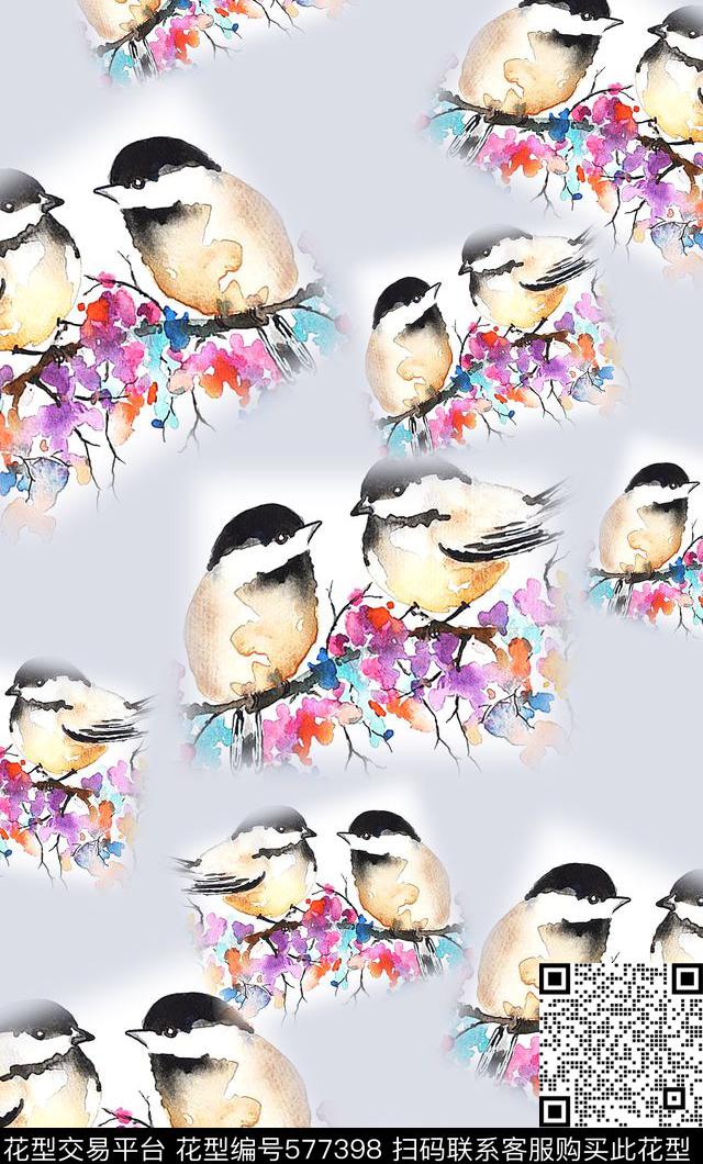 鸟昆虫图案时尚俏丽手绘水彩数码印花华亿平台下载（图片编号: 577398） - 瓦栏（Walan）