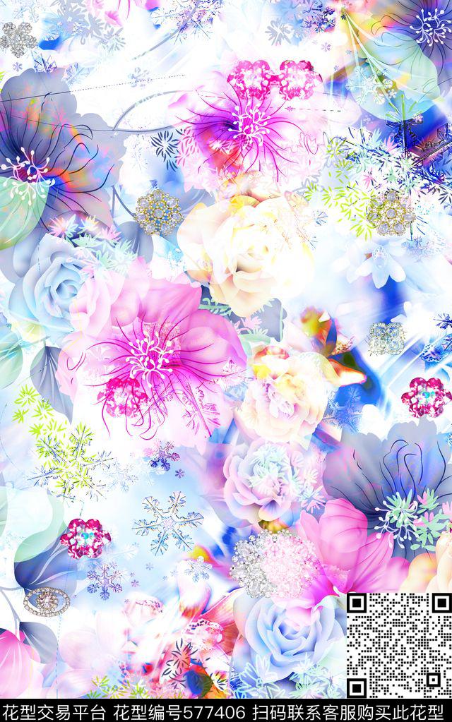 潮流时尚花卉流行时尚紫色粉色珠宝花卉组合数码印花华亿平台下载（图片编号: 577406） - 瓦栏（Walan）