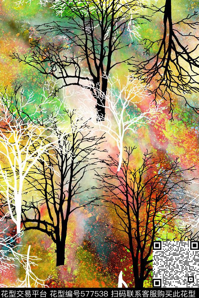 树彩色树潮流女装数码印花华亿平台下载（图片编号: 577538） - 瓦栏（Walan）
