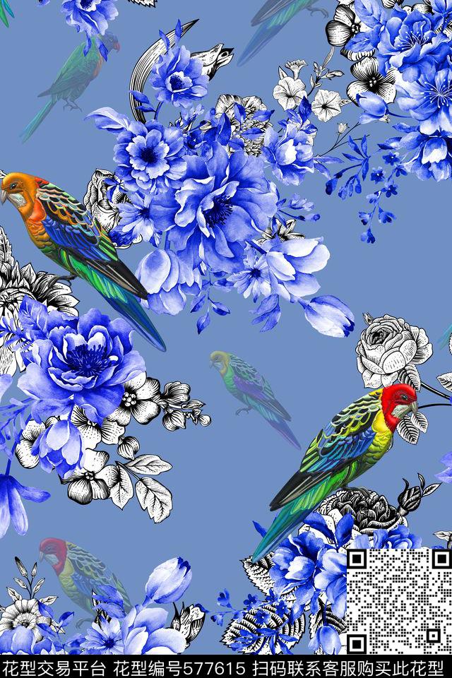 中国风刺绣绣花青花瓷靛蓝数码印花华亿平台下载（图片编号: 577615） - 瓦栏（Walan）