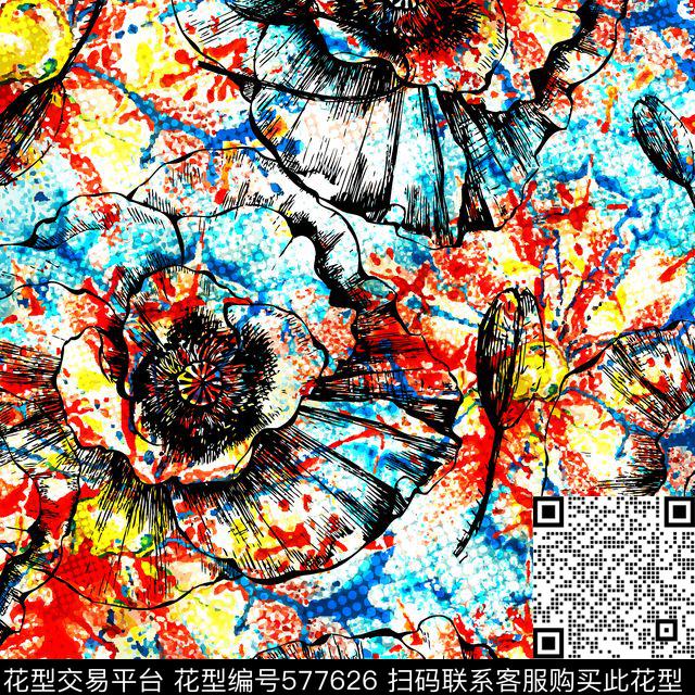 线条花朵花卉数码印花华亿平台下载（图片编号: 577626） - 瓦栏（Walan）
