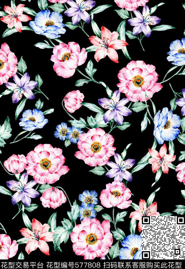 水彩花卉服装家纺数码印花华亿平台下载（图片编号: 577808） - 瓦栏（Walan）