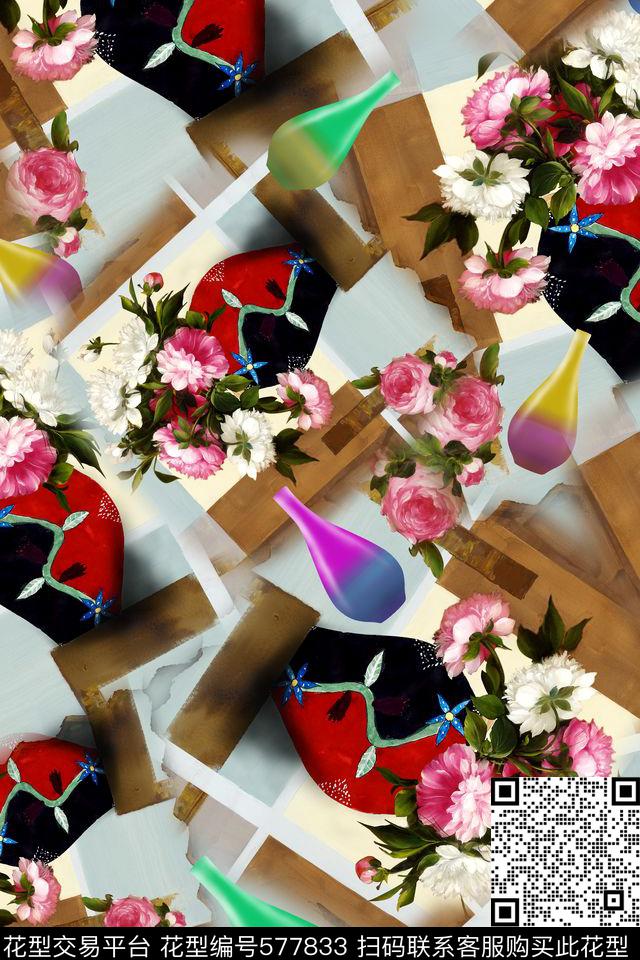 欧美风花瓶花卉数码印花华亿平台下载（图片编号: 577833） - 瓦栏（Walan）