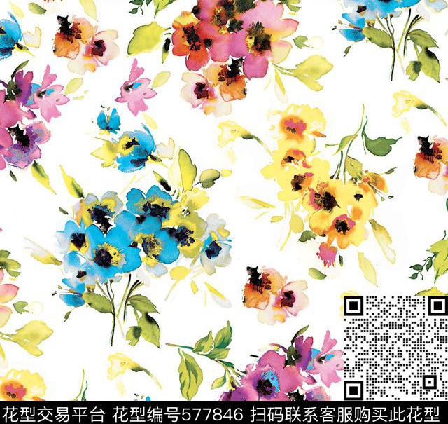 流行时尚花卉水墨画数码印花华亿平台下载（图片编号: 577846） - 瓦栏（Walan）