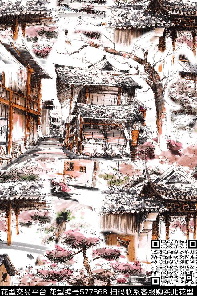 手绘大牌复古景观建筑房子中国风女装连衣裙衬衫卫衣K【建筑】数码印花华亿平台下载（图片编号: 577868） - 瓦栏（Walan）